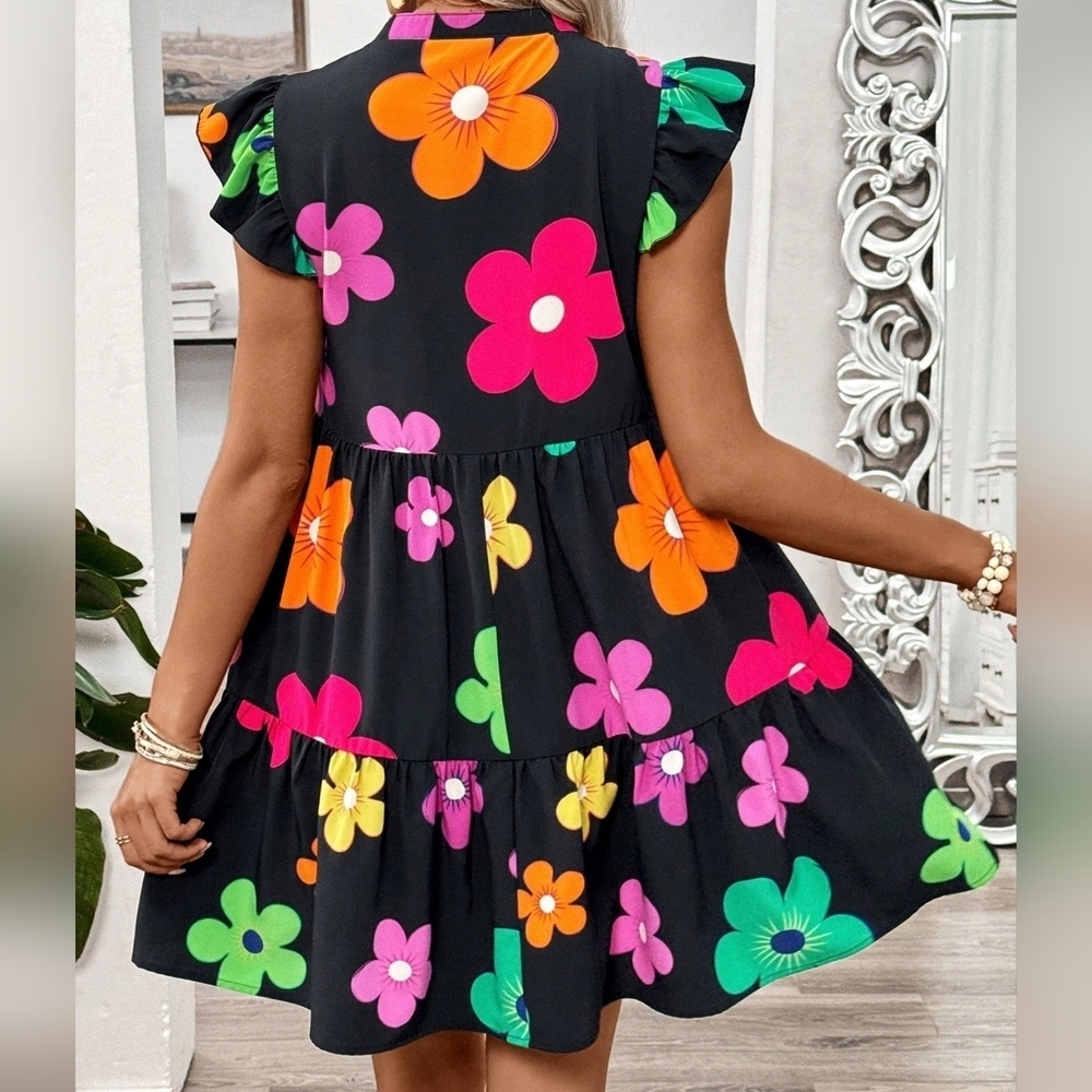 Floral Printed Notched V-Neckline Cap Sleeve Loose Babydoll Dress - Picture 3 of 4